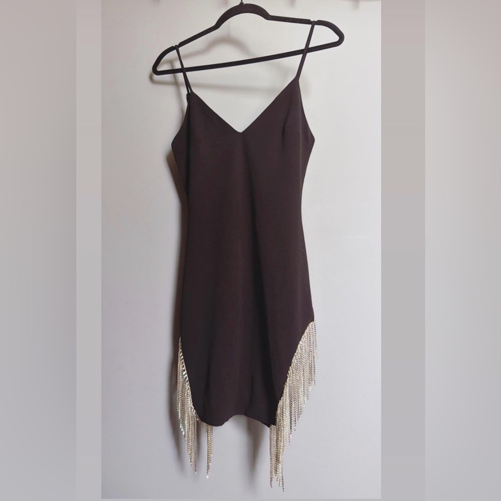 Black Rhinestone Fringe Slip Dress | Glam Y2K Cocktail Mini | Small